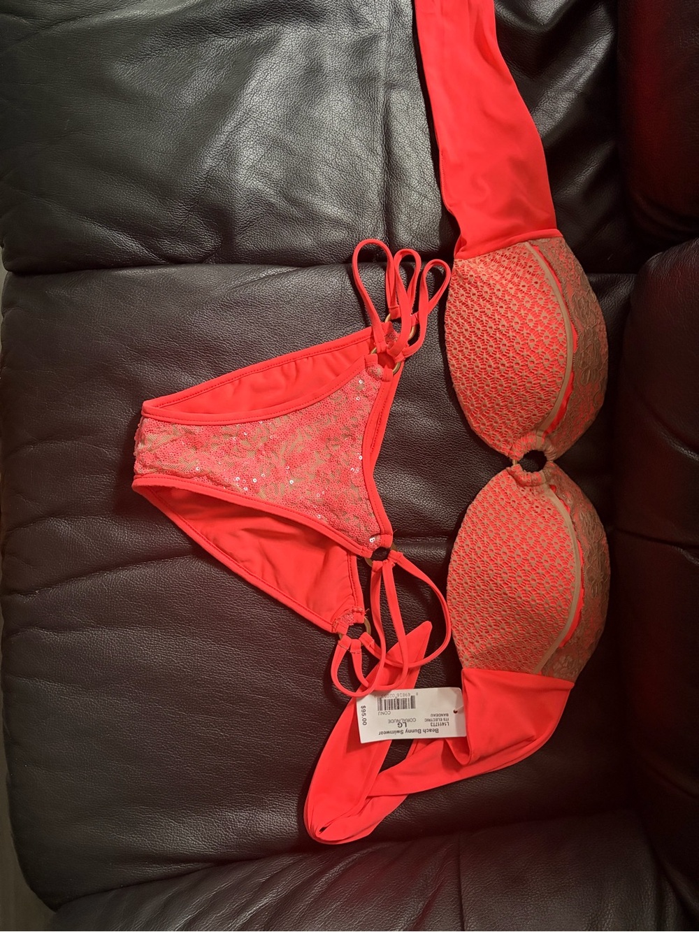 Beach Bunny Coral Red Lace-Trim Bikini Set